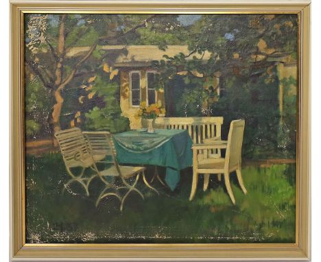 Monogrammist L.H. (um 1937) Gartenidylle. Öl/Lwd. (besch.), li. u. monog. und dat. (19)37. 70x 80 cm. R.