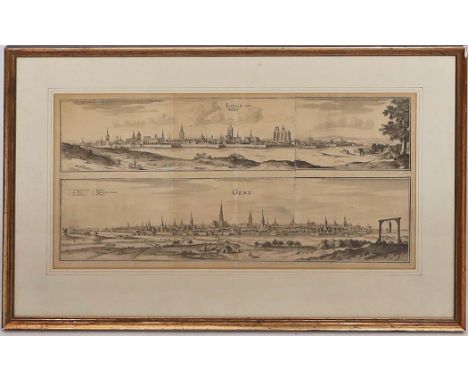 Kupferstich (17. Jh.) Ansicht von "LILLE" und "GENT". Alters- und Gebrauchsspuren. Wohl Merian-Stich. 26x 54 cm. PP., R. (G_2