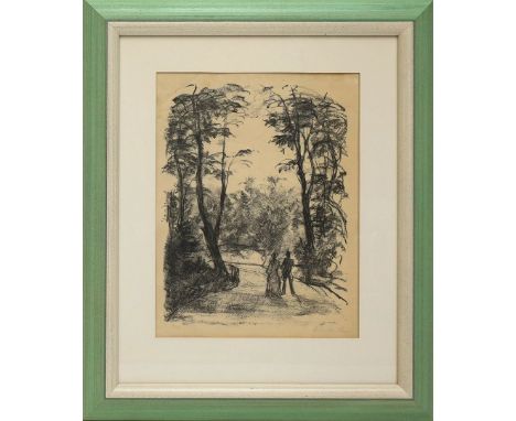 Meid, Hans (1883 Pforzheim - Ludwigsburg 1957) Paar auf dem Waldweg (1923). Lithographie (l. Altersspuren, l. Knickspuren), r