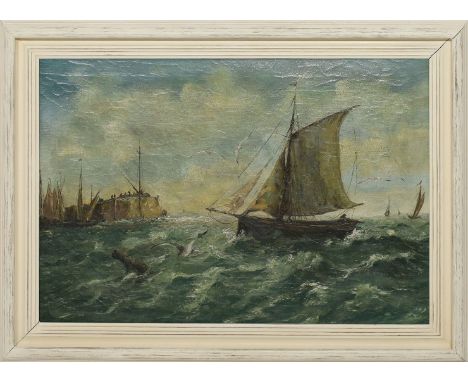 Petersen, Heinrich (1881 Kiel 1955) Segelschiffe vor der Küste. Öl/Lwd. (rest.), li. u. sign. und dat. 1922. 55x 80 cm. R.