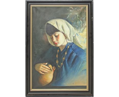 Unbekannter Maler (20. Jh.) Brustportrait einer Südländerin mit Tonkrug. Öl/Lwd. Ca. 90x 60 cm. R.