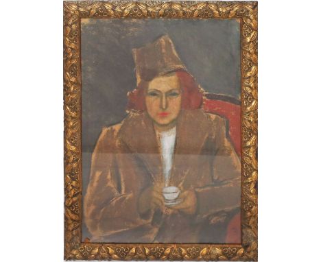 Unbekannter Maler (1. Drittel 20. Jh.) Expressives Portrait einer rothaarigen Frau mit Kaffeetasse. Pastell/Papier (teils ber