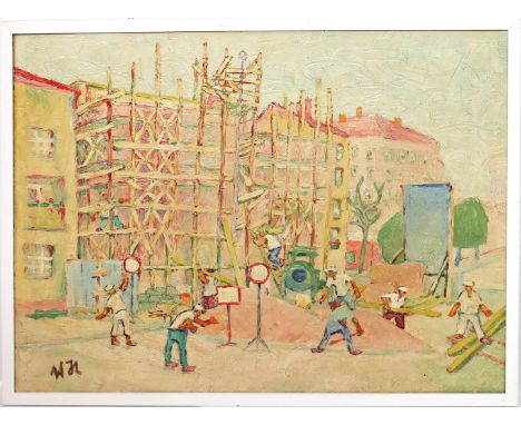 Hoffmann, Willi (geb. 1919 in Berlin) "Wohnungsbau Werrastraße", so rückseitig betitelt und sign. Öl/Bristolkarton, li. u. mo