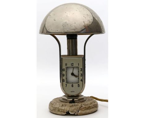 Ausgefallener Art Deco-Tischleuchte mit Uhr "MOFÉM", einflammig. Verchromtes Metallgestell in Pilzform, Marmorsockel (stark b