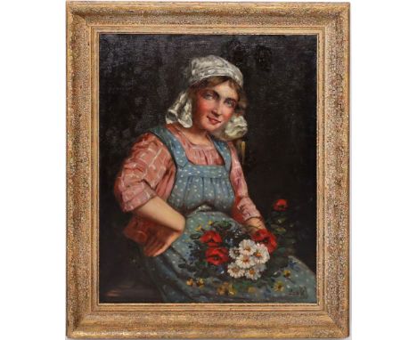 Unbekannter Maler (Anf. 20. Jh.) Portrait einer jungen Ungarin mit Blumenstrauß. Öl/Lwd. (hinterlegte Besch.), re. u. unleser