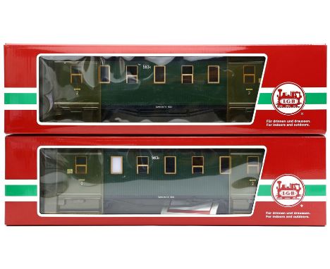 2 Personenwagen, LGB Spur G. Art.-Nr. 30350. L. bespielt. Je im Originalkarton.