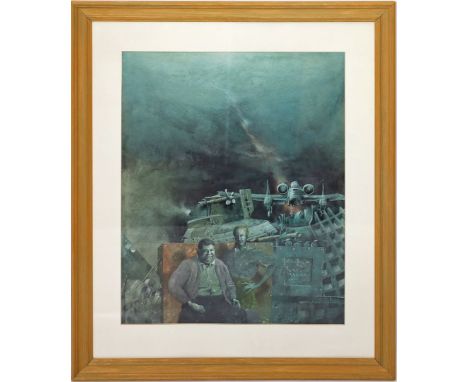 Zirkel, Dieter (geb. 1941 Berlin) Surreale Darstelllung mit 2 Personen vor Wrackkulisse. Mischtechnik. 60x 50 cm. PP., R.