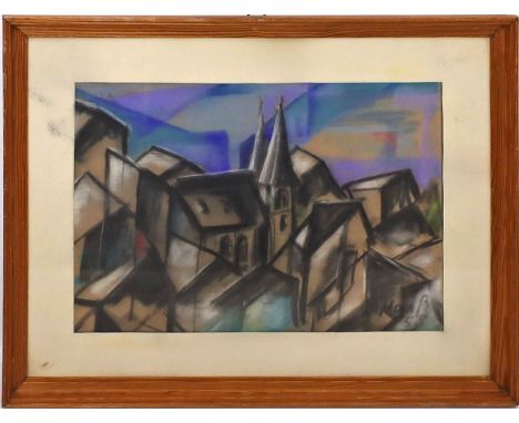Maaß, K. (um 1958) Stadtsilhouette mit Kirchturm. Kreide/Papier, re. u. sign. und dat. (19)58. Ca. 23x 32,5 cm. PP., R.
