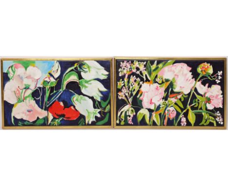 Schulte-Schäfer, Sabine (geb. 1929) 3 Gemälde mit Blumen wie "Päonien" und "Lisiantus und Mohn". Öl/Lwd., 2x sign. 30x 50 cm.