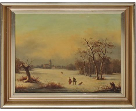 Unbekannter Maler (19. Jh.) Winterlandschaft mit Figuren und Dorfkulisse. Öl/Lwd. (Kratzer, Craquelé). 34x 42 cm. R.
