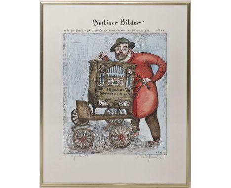 Mühlenhaupt, Kurt (1921 Klein Ziescht - Berlin 2006) "Leierkastenmann", aus "Berliner Bilder" von 1986. Aquarellierte Lithogr