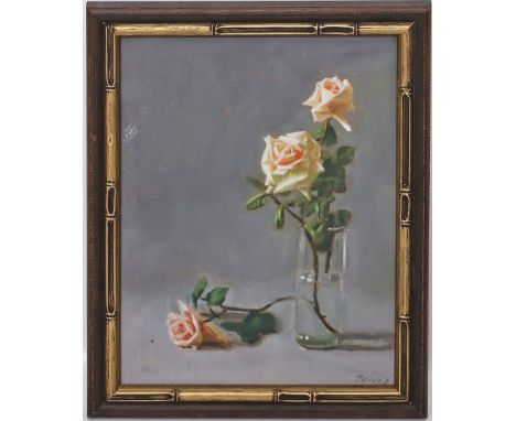 Unbekannter Maler (20. Jh.) Rosenstillleben. Öl/Platte (Kratzer), re. u. undeutlich sign. 27x 20 cm. R.