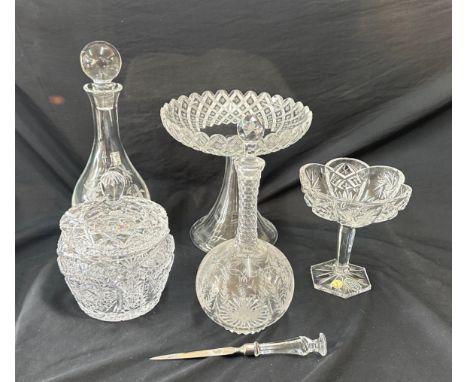 Selection of vintage glassware to include an etched decanter, etched centre bowl, bohemian piece etc