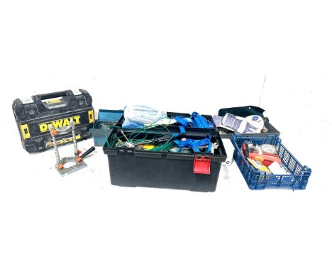 Selection of assorted tools includes empty Dewalt case, metal tool box and contents etc
