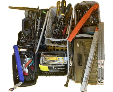 Large selection of assorted hand tools to include spanners, screw drivers, drills, clamps etc