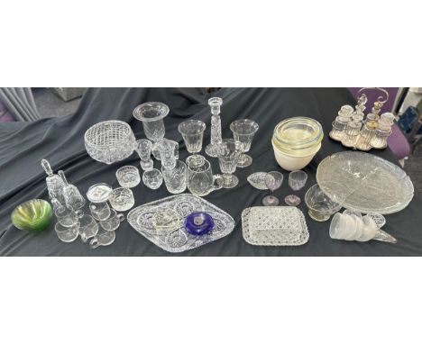 Selection of vintage glassware to include condiment set, butter dish, whiskey tumbler etc