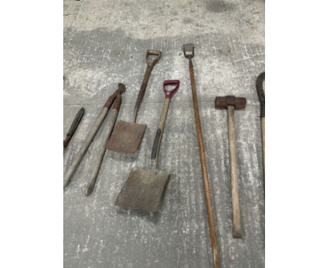 Selection of vintage wooden garden tools to include spade, mallet etc