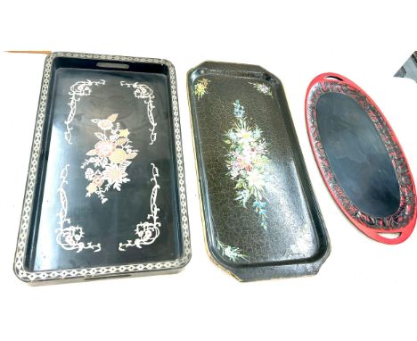 3 vintage lacquered trays, largest tray measures approximately 22 x 11 inches