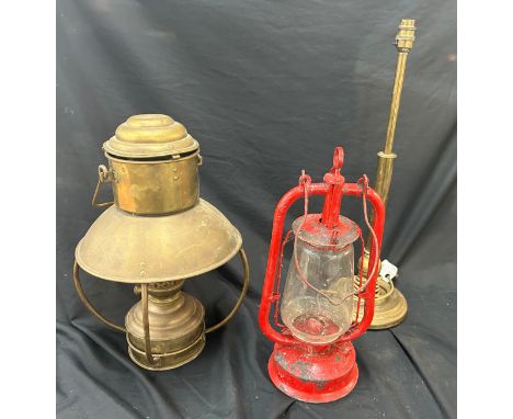 Vintage ships lamp, tilly lamp and a brass lamp base