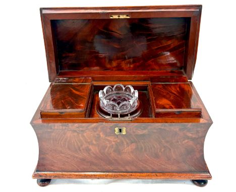 Large antique sarcophagus shaped flamed mahogany tea caddy with original internal sections, approximate measurements: Height 