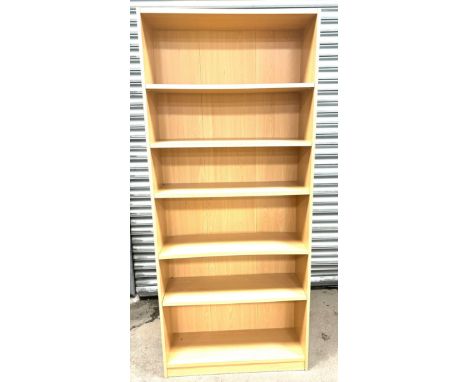 6 Shelf beech book case measures approximately 71 inches tall 31 inches wide 12 inchs depth 