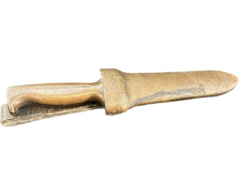 Divers knife by CE Heinke London, single edge blade with cast brass handle with makers name CE Heinke London, with scabbard a