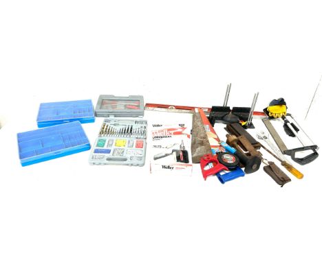 Selection of tools and DIY items to include a screw kit with wall plugs, screws, Weller Universal Soldering gun, saws etc