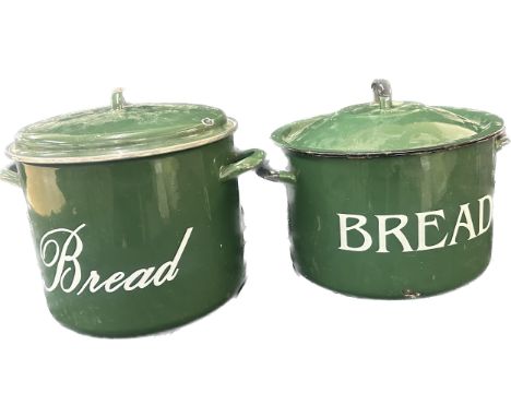 Two vintage enamel bread bins largest measures approximately 12 inches tall 
