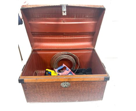 Metal trunk including saws, mitre block etc trunks measures approximately 17 inches tall x 27 wide and 19 deep