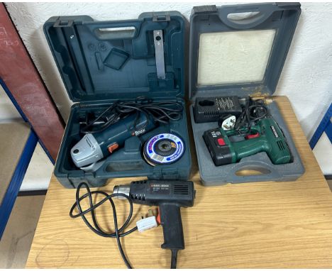 Cased b/w grinder, black and decker heat gun, cased parkside 18w cordless drill, working order