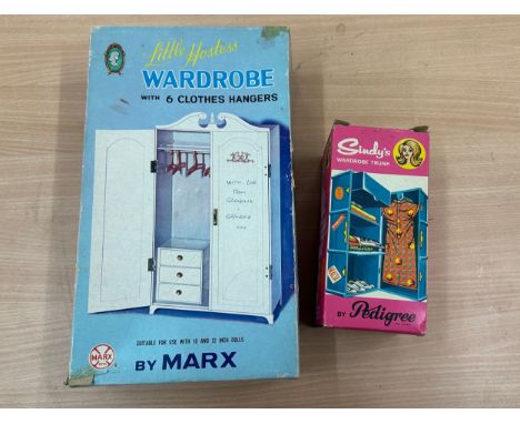 Vintage Sindys wardrobe trunk with clothing accessories and a Little hostess wardrobe with 6 clothing hangers both in origina