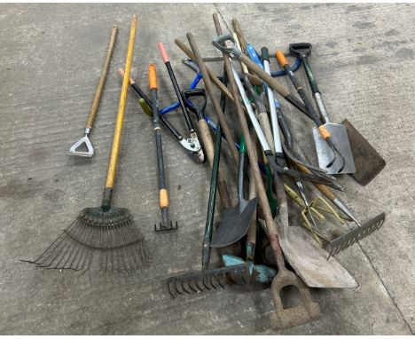 Large selection of garden tools includes rakes, spades etc