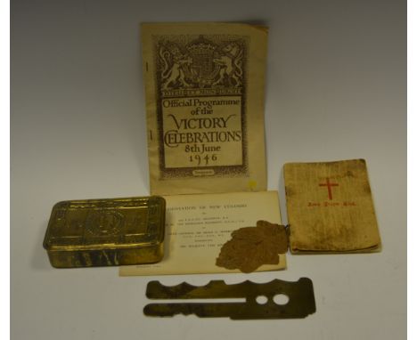 Military Interest - Official Programme Victory Celebrations 8th June 1946; a brass button cleaner; a World War I brass Christ