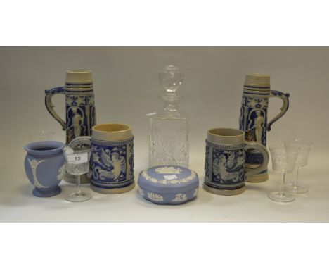 A pair of German Westerwald jugs, 24cm high;  similar mugs;  a Wedgwood blue jasper trinket pot;  a similar vase;  a clear gl