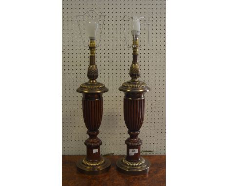 A pair of wood and brass baluster shaped table lamps, Pine cone finial 