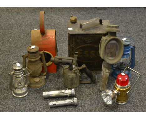 An Esso petrol can; a Railway lantern; Tilley lamps;  etc 