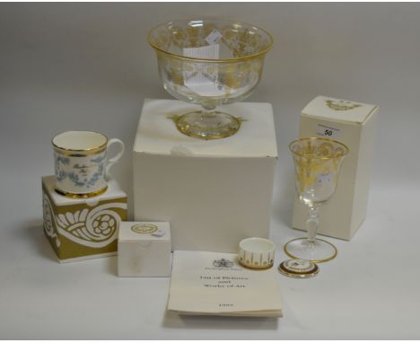 Buckingham Palace - a mug, 1994;  trinket pot and cover 1996;  a lead crystal wine glass, in gilt with detail for the State d