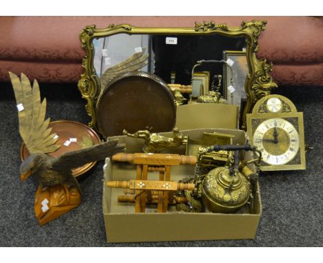 Household Goods - a gilt framed mirror; table lamps in the form of oil lamps; copper warming pan ;carved Eagle; a drop pendul