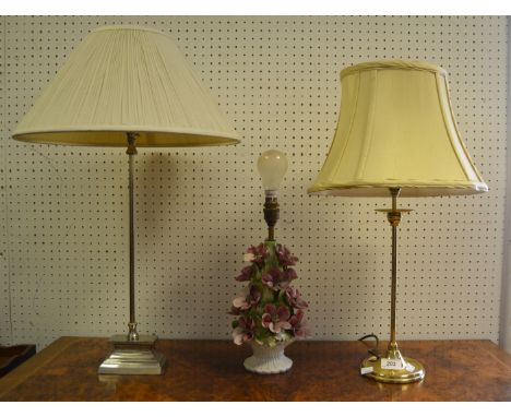 A contemporary brass table lamp; another chrome; a ceramic table lamp in the form of flowering Apple Blossom (3)