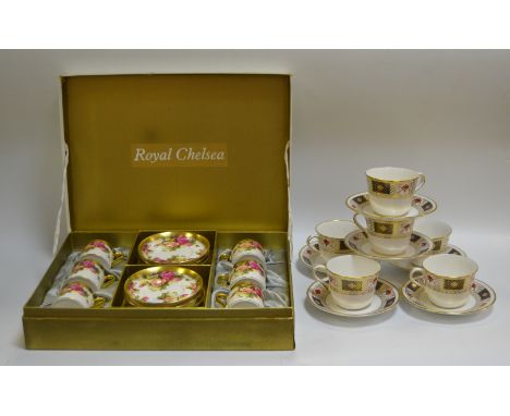 A Royal Crown Derby Derby Borders  pattern tea service, for six, comprising six teacups and  saucers;  a Royal Chelsea Golden