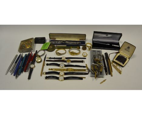 Ephemera - wristwatches; pens; compacts; papier mache snuff box; cigarette lighters;  etc (1 bag)