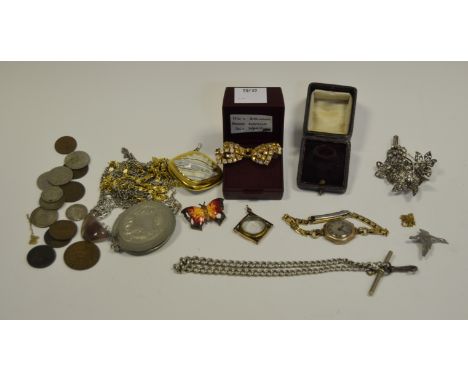 Costume Jewellery - a 1950's enamel butterfly broach; a silver coloured filigree broach; a lady's wristwatch; etc.