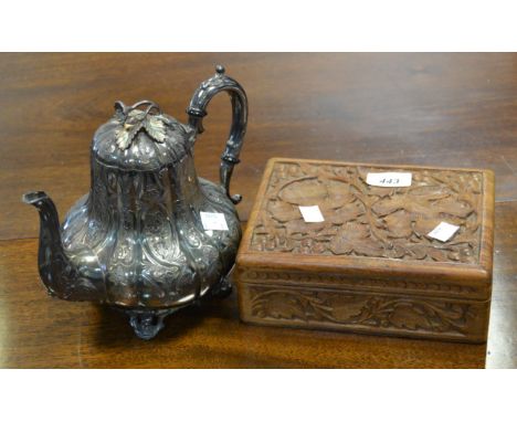 An EPBM melon shaped coffee pot, engraved and chased with foliate scrolls, flower finial, c.1870;  a softwood carved box, car