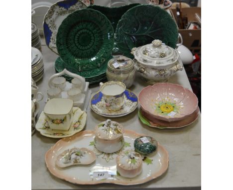 Ceramics - a Carlton Ware strainer; Wedgwood green glazed sunflower side plates and dish; a Victorian dressing table set; a C