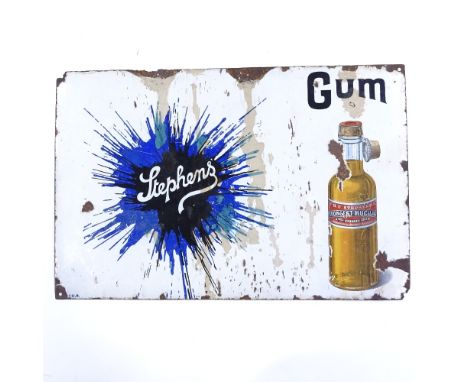 An original enamel advertising sign for Stephens Gum, with pictorial design, 39cm x 60cm Large number of enamel chips around 