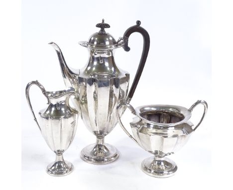 An Edwardian 3-piece silver tea set, tapered gear-form with pedestal supports, by Mappin &amp; Webb, hallmarks London 1908, t