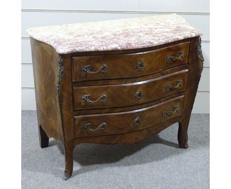 A French walnut and kingwood bombe commode with shaped marble top, width 3'4" 
