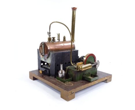 A scratch-built live steam powered stationary engine, circa 1900- 1920, on original painted wood stand, stand width 28cm, ove