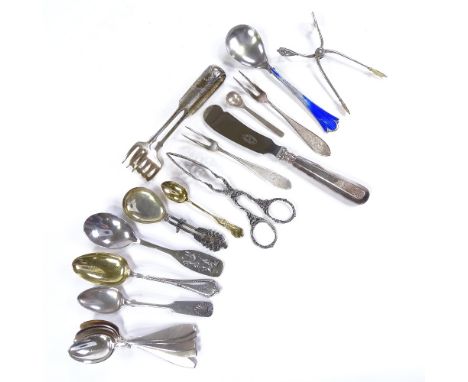 Various Finnish silver flatware, including blue enamel spoon, sugar tongs, teaspoons, etc, 8oz weighable All pieces generally