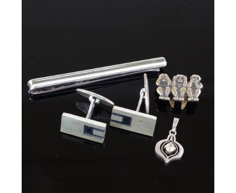 A pair of Niels Erik From Danish sterling silver geometric cufflinks, an N.E. From silver tie clip, sterling stone set pendan